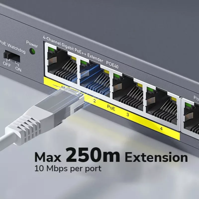 CUDY POE40 4-poorts PoE switch/extender met 1 uplink, 802.3af/at, 250m extend, metalen behuizing