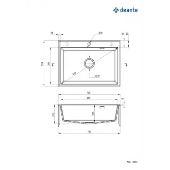 DEANTE 1-baks graniet-composiet spoelbak met afdruipgedeelte, zwart (Nero), 780x500 mm, inbouw van bovenaf