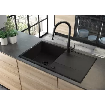 DEANTE 1-bowl granieten spoelbak met afdruiprek - onyx zwart, 620x500mm