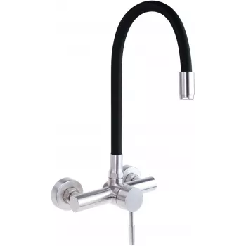 DEANTE wandgemonteerde keukenkraan met gebogen uitloop, chroom, eenhendelmengkraan, messing, 220 mm bereik