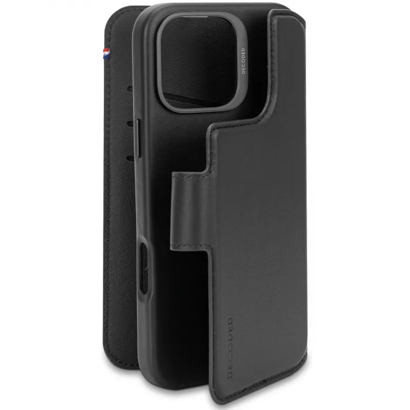 Decoded leren wallet case met afneembaar vak voor kaarten voor iPhone 16 Pro Max, MagSafe-compatibel, zwart
