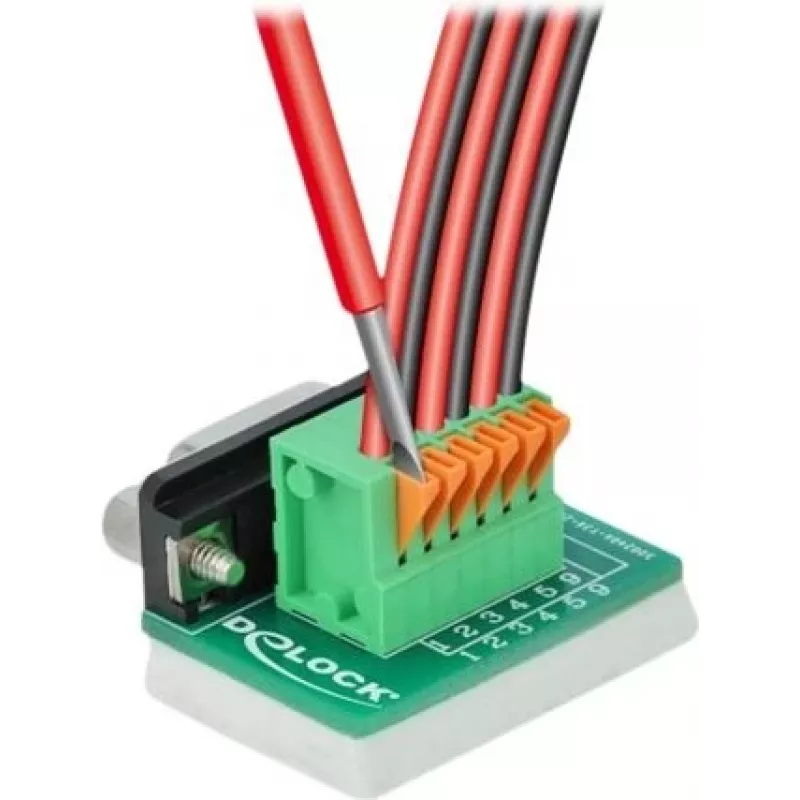 Delock D-Sub 9 bus naar 6-pin klemmenblok adapter met kartelschroeven en drukknop 66556
