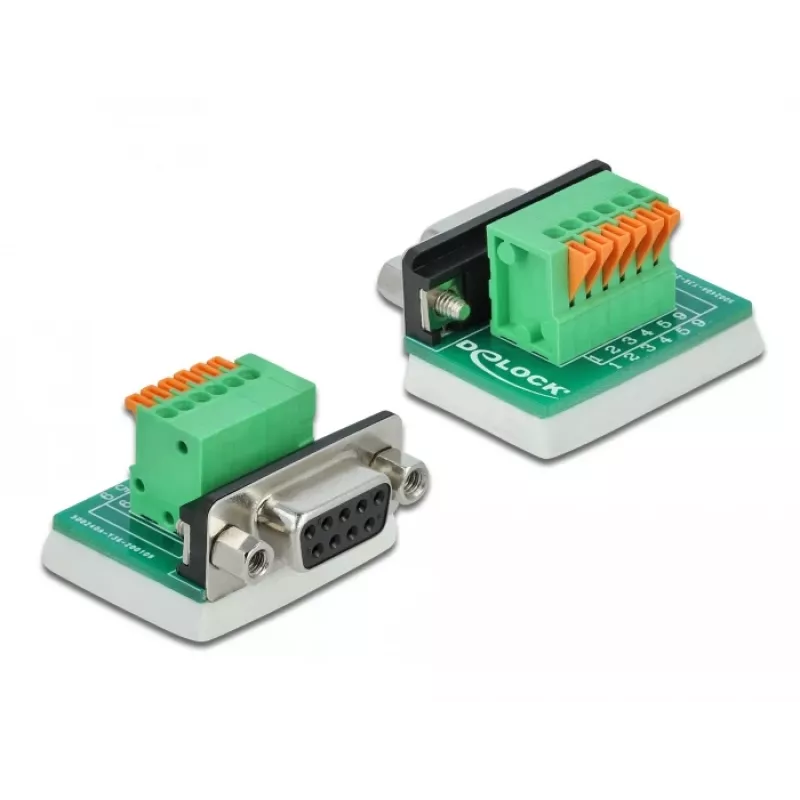Delock D-Sub 9 bus naar 6-pin klemmenblok adapter met kartelschroeven en drukknop 66556