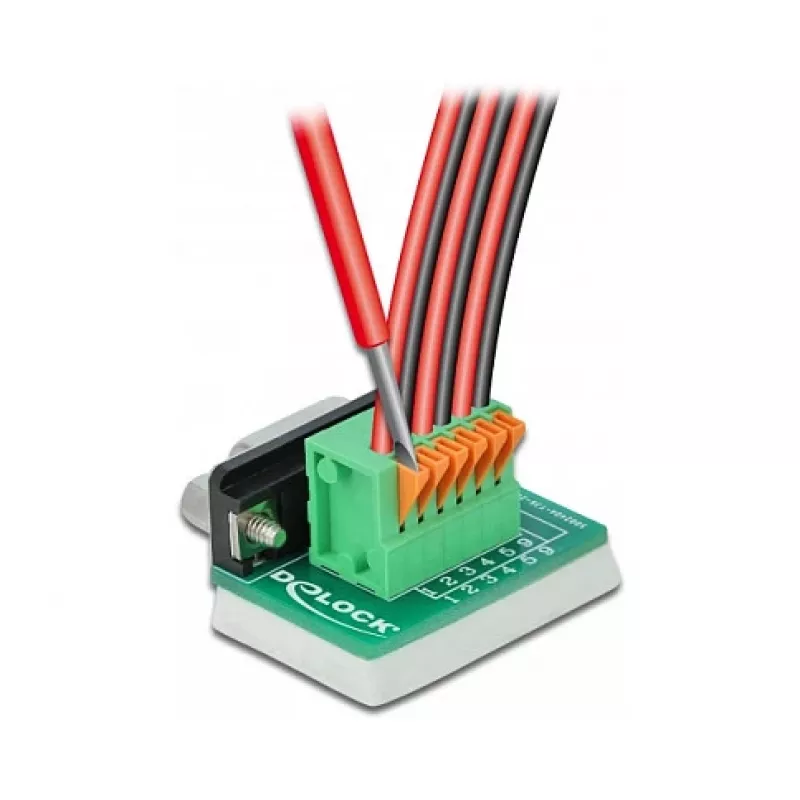 Delock D-Sub 9 bus naar 6-pin klemmenblok adapter met kartelschroeven en drukknop 66556