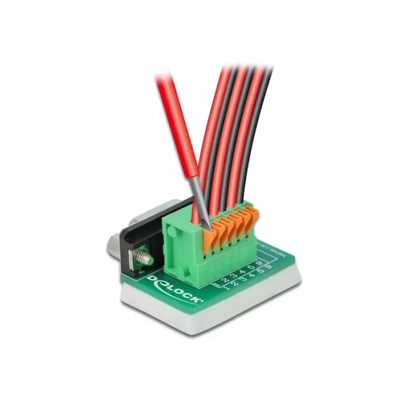 Delock D-Sub 9 bus naar 6-pin klemmenblok adapter met kartelschroeven en drukknop 66556