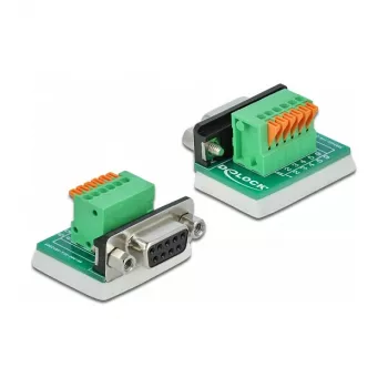 Delock D-Sub 9 bus naar 6-pin klemmenblok adapter met kartelschroeven en drukknop 66556