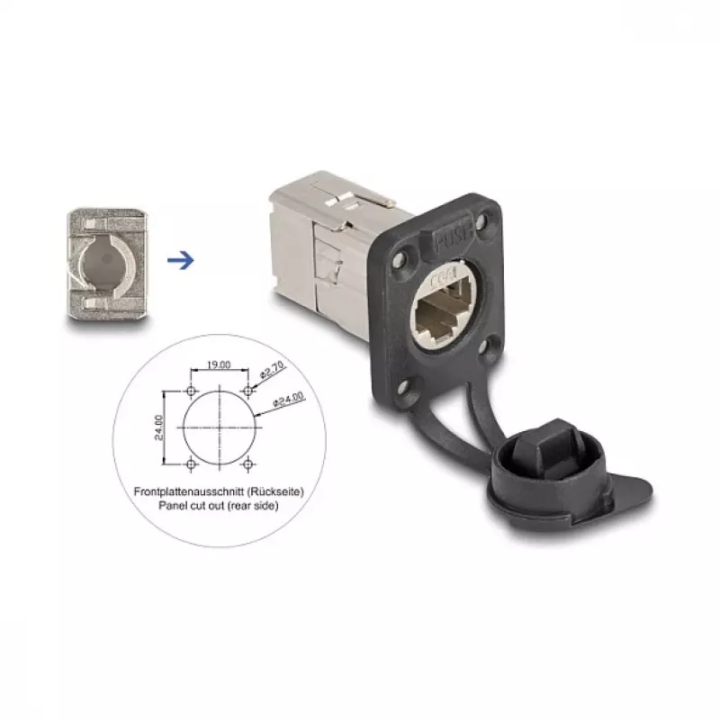 Delock D-type RJ45 inbouwbus Cat.6A STP met LSA-aansluiting en IP66-beschermkap