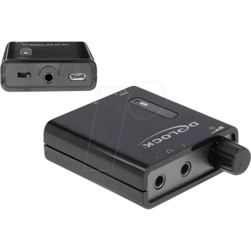 Delock draagbare stereo-hoofdtelefoonversterker met twee uitgangen en basversterking