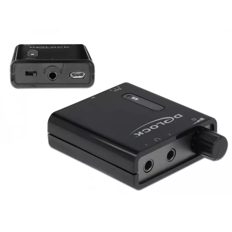 Delock draagbare stereo-hoofdtelefoonversterker met twee uitgangen en basversterking
