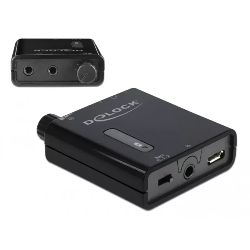 Delock draagbare stereo-hoofdtelefoonversterker met twee uitgangen en basversterking