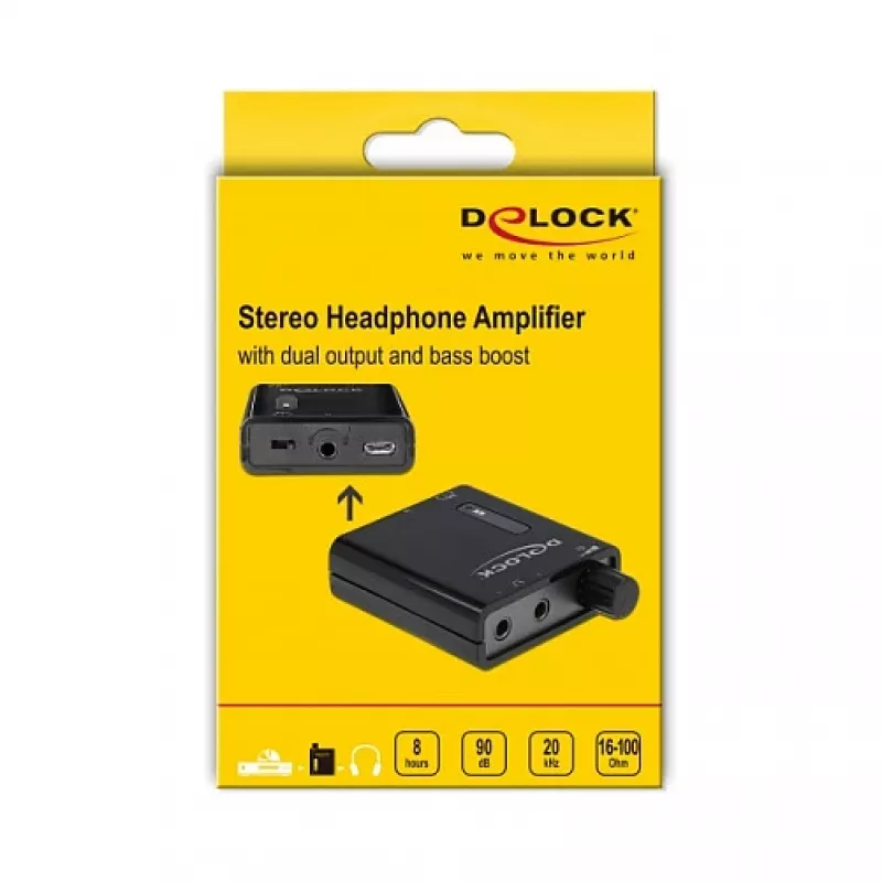 Delock draagbare stereo-hoofdtelefoonversterker met twee uitgangen en basversterking