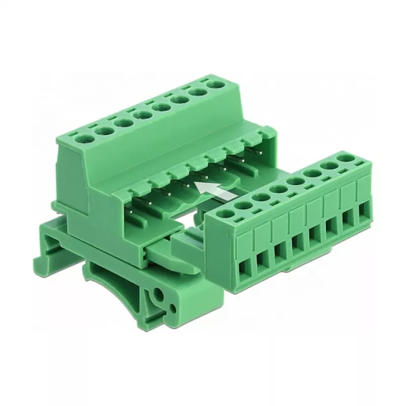 DeLOCK klemmenblokset voor DIN-rail, 8-polig, 5,08 mm rastermaat, haaks, groen