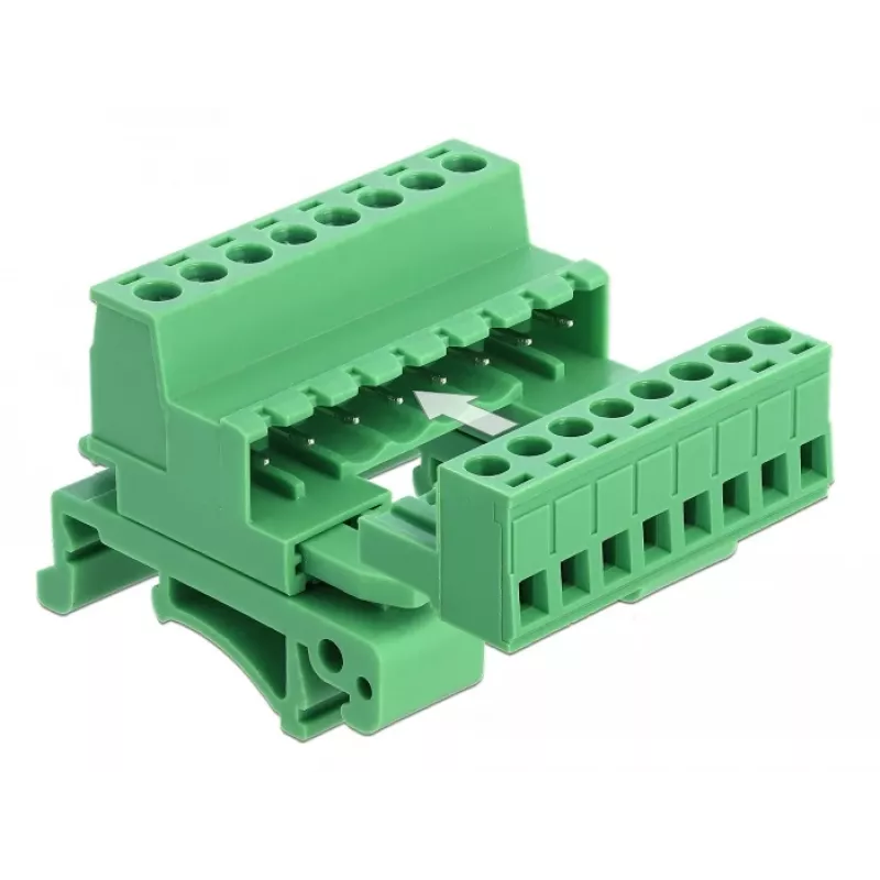 DeLOCK klemmenblokset voor DIN-rail, 8-polig, 5,08 mm rastermaat, haaks, groen