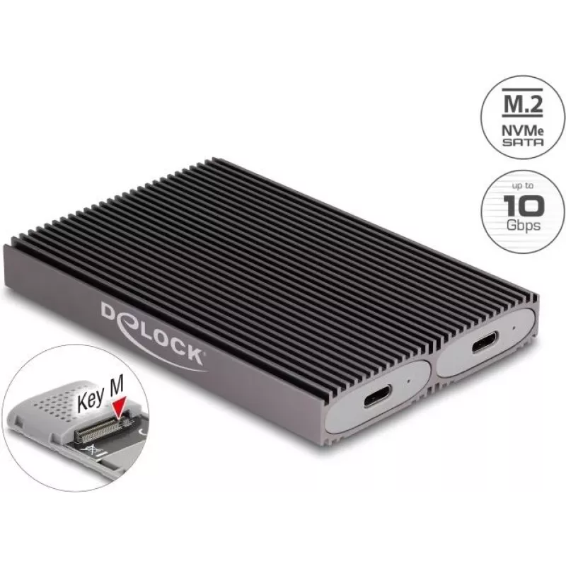 Delock USB Type-C dual combo behuizing voor 2 x M.2 NVMe PCIe of SATA SSD - gereedschaploos