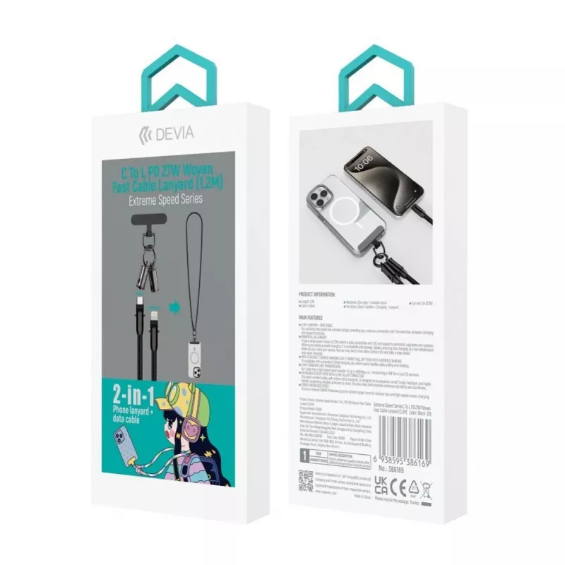 Devia 2-in-1 USB-C naar Lightning kabel lanyard 1,2m 27W Zwart