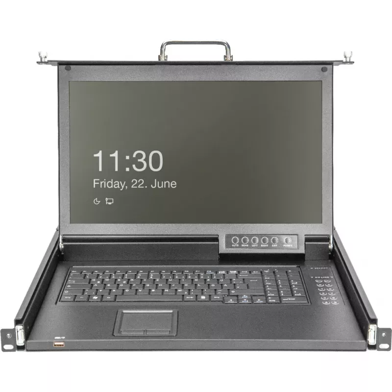 DIGITUS Modulaire HD LCD KVM-console met 17 inch TFT, 16-poorts CAT 5 KVM-aansluiting, touchpad, Duitse toetsenbordindeling