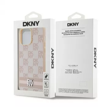 DKNY leren hoesje met geruit Mono-patroon en bedrukte strepen voor iPhone 14 Pro Max - roze