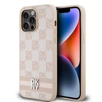 DKNY leren hoesje met geruit Mono-patroon en bedrukte strepen voor iPhone 14 Pro Max - roze