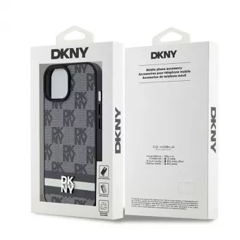 DKNY leren case met geruit monogram-patroon en bedrukte strepen voor iPhone 15/14/13 - zwart