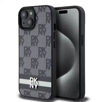 DKNY leren case met geruit monogram-patroon en bedrukte strepen voor iPhone 15/14/13 - zwart