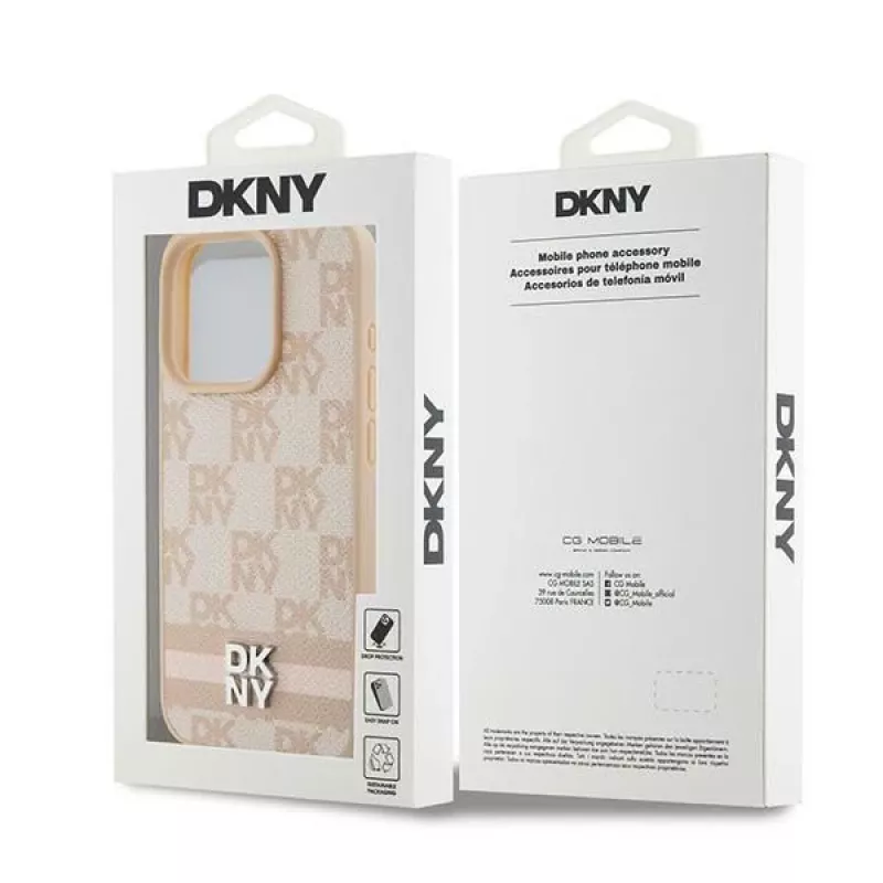 DKNY leren case met geruit Mono-patroon en bedrukte strepen voor iPhone 15 Pro Max - roze