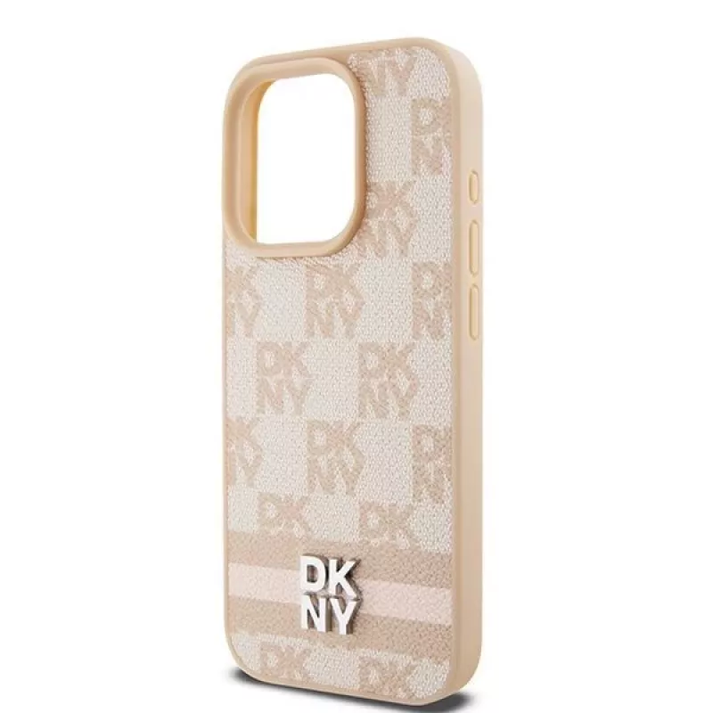 DKNY leren case met geruit Mono-patroon en bedrukte strepen voor iPhone 15 Pro - roze