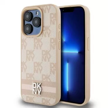 DKNY leren case met geruit Mono-patroon en bedrukte strepen voor iPhone 15 Pro - roze