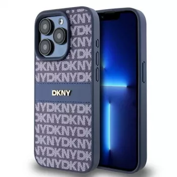 DKNY Leren Mono Stripe & Metalen Logo Hoes voor iPhone 15 Pro - Blauw