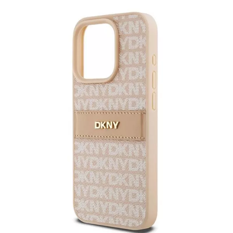 DKNY leren Mono Stripe & metaallogo hoesje voor iPhone 15 Pro - roze