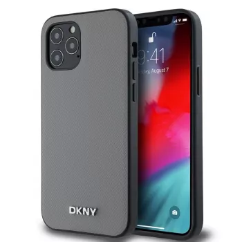 DKNY PU-leer MagSafe hoesje voor iPhone 12/12 Pro met zilveren metaal-logo - grijs