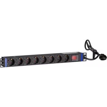 DSIT DS-8PDU-S 19 inch rack-PDU met schakelaar, 8x Schuko-stopcontacten, 2m kabel, 16A/3680W – zwart/zilver