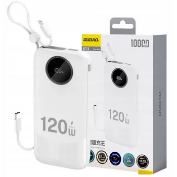 Dudao 120W snelladen powerbank met geïntegreerde kabel en digitaal display, 10000mAh, wit
