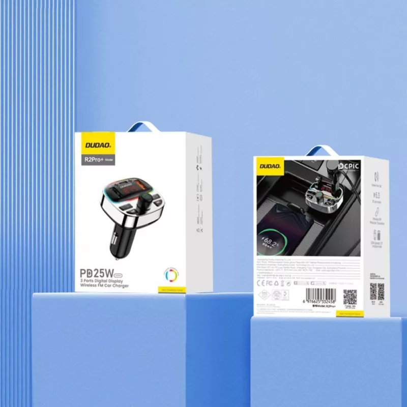 Dudao R2PRO+ auto FM-transmitter met PD25W Bluetooth 5.3 RGB-laadaansluitingen - zwart en zilver