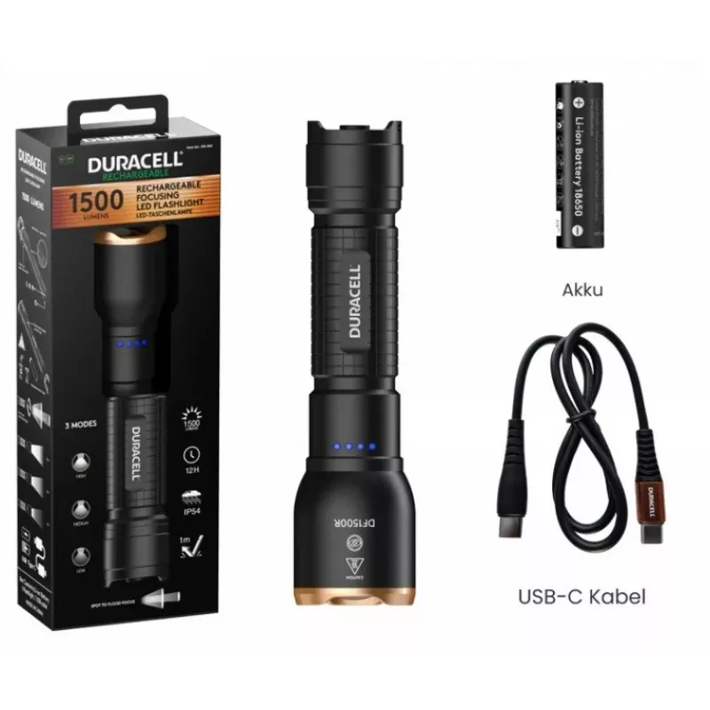 Duracell DF1500R zaklamp zwart 1500 lumen