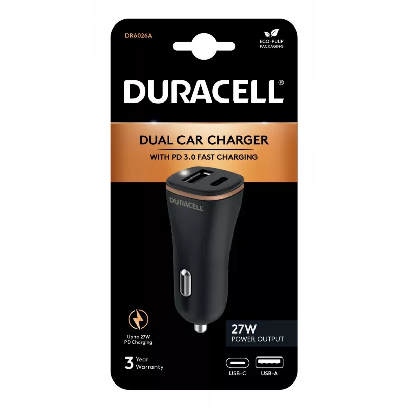 Duracell Power Travel oplader 12V USB-A + USB-C 18W PD auto-oplader DR6026A