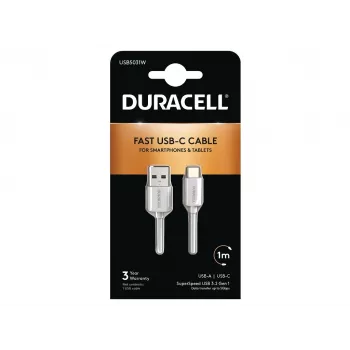 Duracell USB5031W USB-A naar USB-C kabel 1m USB 3.2 Gen 1 5Gbps wit