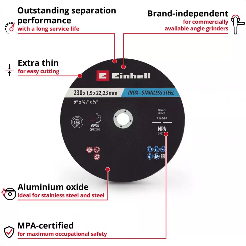 Einhell 230 x 2,0 mm dunne doorslijpschijven voor haakse slijper, 10-pack 711524