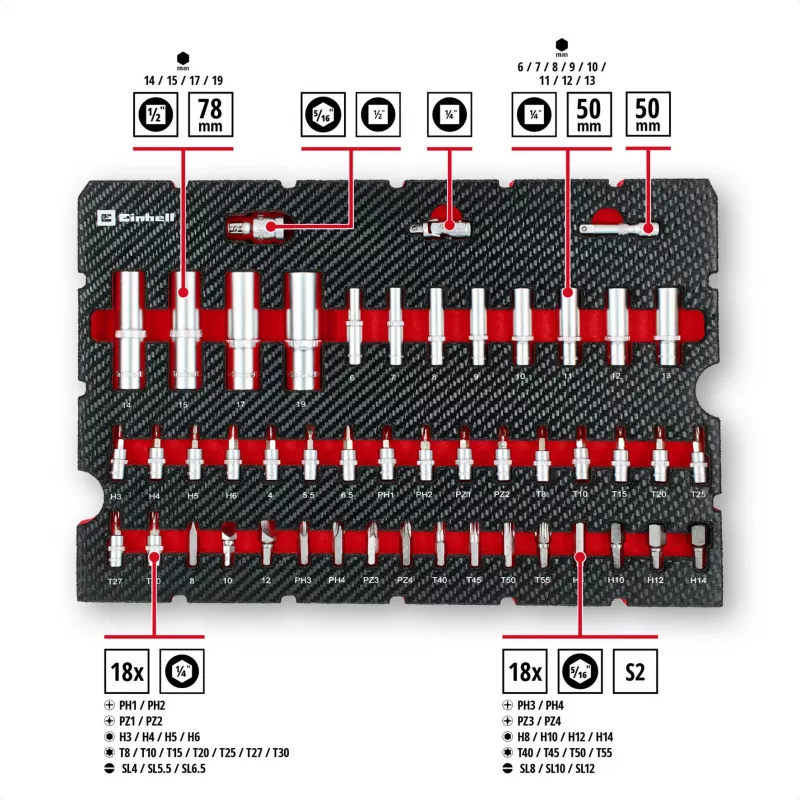 Einhell E-Case 92-delige gereedschapsset (370514) - chroom-vanadiumstaal, zwart/rood