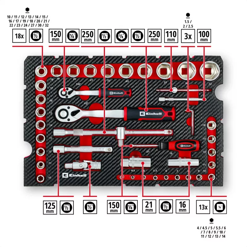 Einhell E-Case 92-delige gereedschapsset (370514) - chroom-vanadiumstaal, zwart/rood