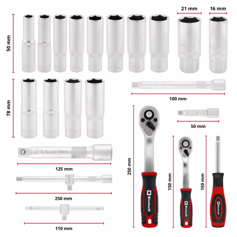 Einhell E-Case 92-delige gereedschapsset (370514) - chroom-vanadiumstaal, zwart/rood