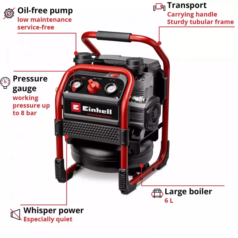 EINHELL Power X-Change accu-compressor SILENZZO 18/160, 18V (rood/zwart, zonder accu en oplader)