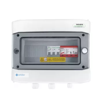 EMITER schakelkast aangesloten AC hermetisch IP65 EMITTER met AC Dehn Type 2 overspanningsafleider, 50A 3-fase, aardlekschakelaar type A 63A/300mA