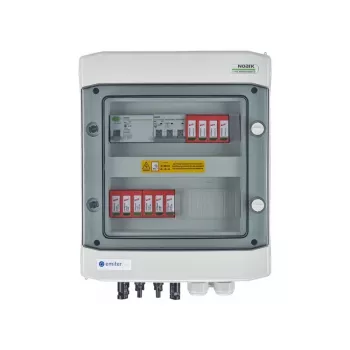 EMITER Schakelinstallatie DC/AC hermetisch IP65 EMITTER met DC-overspanningsbeveiliging Dehn 1000V Type 2, 2 x PV-string, 2 x MPPT // en AC Dehn Type 2, 10A 3-fasen, RCD type A 40A/300mA