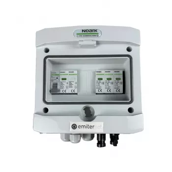 EMITER schakelkast aangesloten DCAC hermetisch IP65 EMITTER met Noark 1000V Type 1+2 DC overspanningsafleider, 1 x PV-string, 1 x MPPT // en AC Noark Type 1+2, 10A 1-fase
