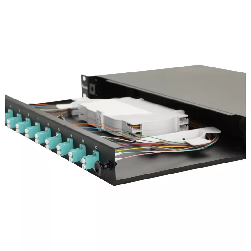 Equip 12-poorts glasvezel splicebox, LC duplex, OM3, 1U, gevuld, zwart