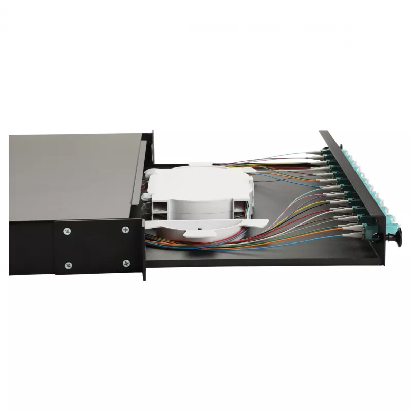 Equip 12-poorts glasvezel splicebox, LC duplex, OM3, 1U, gevuld, zwart