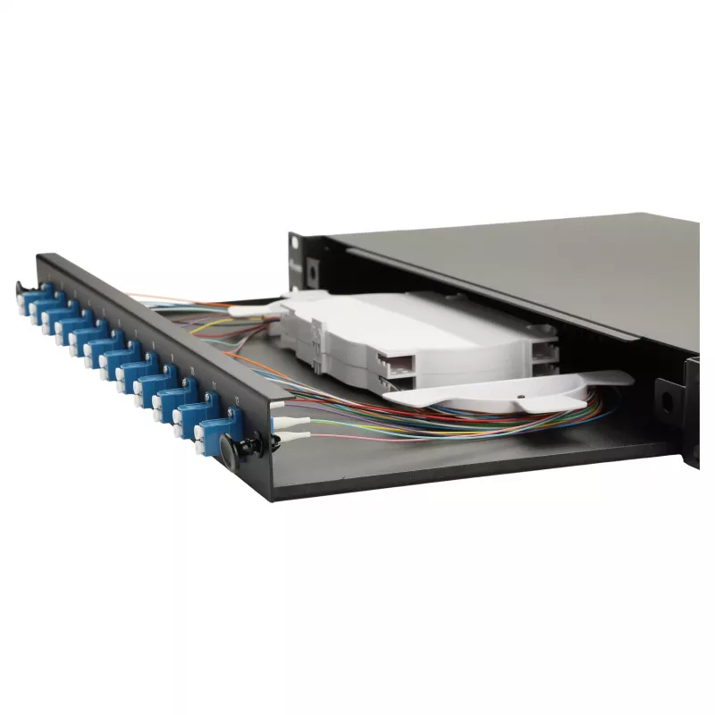 Equip 12-poorts glasvezel splicebox, LC duplex, OS2 singlemode, 1U rackmontage, uitgerust, zwart