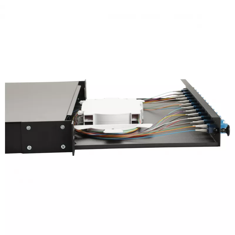 Equip 12-poorts glasvezel splicebox, LC duplex, OS2 singlemode, 1U rackmontage, uitgerust, zwart