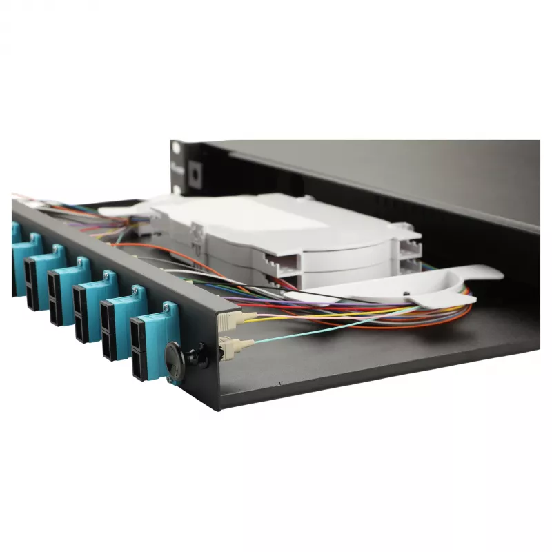 Equip 12-poorts glasvezel splicebox, SC duplex, OM3, 1U, gevuld, zwart