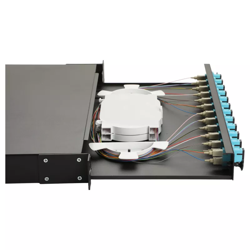 Equip 12-poorts glasvezel splicebox, SC duplex, OM3, 1U, gevuld, zwart